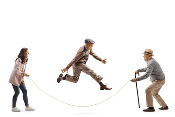 Poster - Young woman and older men playing skipping rope