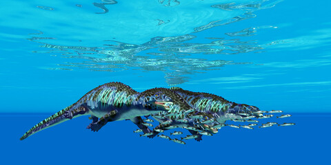 Poster - Placodus hunt Anchovy Fish - A school of Anchovy fish try to elude three Placodus marine reptiles.