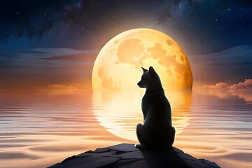 Naklejka na meble A silhouette of a cat watching a full moon rise in the night sky, creating an atmospheric and mystical mood