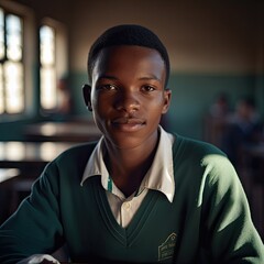 Wall Mural - A young boy sitting at a table in a classroom. Generative AI.