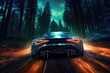 Sports car of the future on the road in motion, speed and transport. Sports car on the background of the forest neon light. generative ai