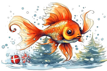 Illustration of a goldfish in a festive christmas setting on white background