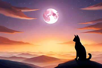 Naklejka na meble A silhouette of a cat watching a full moon rise in the night sky, creating an atmospheric and mystical mood