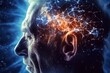Bright shiny jigsaw pieces shaped as elderly man head and flashes of light in brain area
