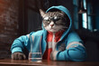 serious-looking cat dressed in a sportswear, sitting at a table with a water bottle in a gym. The unexpected setting and the cat's seemingly determined expression. Generative AI Technology.