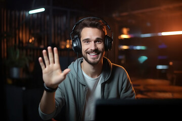 Cheerful blogger greets subscribers during a live stream in his studio. Man vlogger recording video for social media. Generative AI