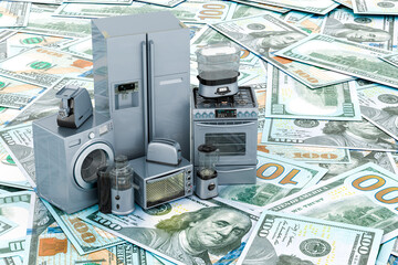 Poster - Kitchen and home appliance on the dollars background, 3D rendering
