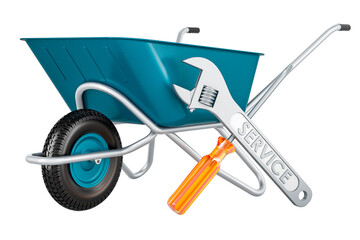 Poster - Garden wheelbarrow with screwdriver and wrench, 3D rendering