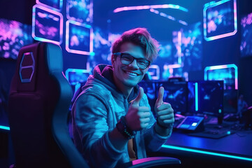 Portrait of a professional game streamer wearing glasses, sitting in his game studio illuminated by neon lights greeting his followers with pointing his thumbs up. Esports concept. Generative AI