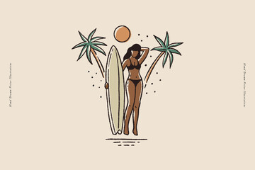 Wall Mural - Tanned girl in a swimsuit with a surfboard among the palm trees. Vector illustration on a light isolated background.