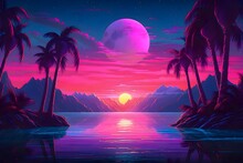 Beautiful Tropical Beach Landscape In A 80s Retrowave Theme. Mountain Ranges. Palm Trees. Beautiful Sunset.. Amazing Printable Wallpaper
