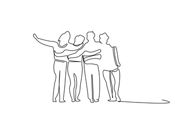 Wall Mural - young female male people team teamwork students hugging walking outside posing happy full body length line art