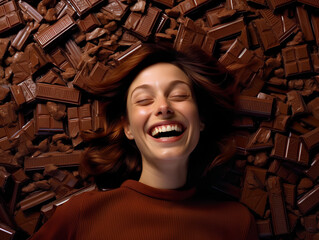 Portrait of a happy laughing young woman laying on top of a pile of delicious chocolate bars.