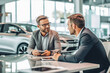 © VisualProduction - Business agent discussing car dealership contract with his client, car shop in the background. Generative AI