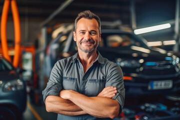a successful good looking auto-mechanic with beard standing with his arm crossed, mechanic shop in t