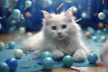 White Fluffy Kitten With Blue Eyes On A Blue Background With Balloons. Generative AI