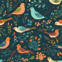 Create A Seamless Pattern Featuring A Lush Digital Paper With Birds. The Composition Should An Intricate Arrangement Of Birds And Arranged In A Harmonious Palette, Suitable For Use As A Background Or
