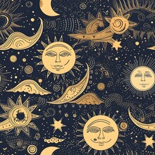 Create A Seamless Pattern Featuring A Lush Digital Paper Design Filled With Moon, Sun And Stars. The Composition Should Showcase A Magical And Intricate Arrangement Of Various Stars And Planet Element