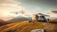 A Camper Van In The Mountains In Summer. Outdoor Nature Vacation Concept. Generative AI