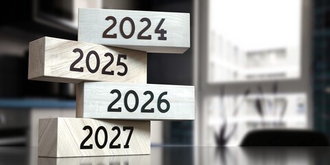 Poster - 2024, 2025, 2026, 2027 - words on wooden blocks - 3D illustration