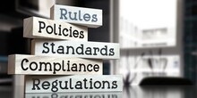 Rules, policies, standards, compliance, regulations - words on wooden blocks - 3D illustration