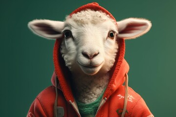 Wall Mural - Anthropomorphic baby sheep dressed in human clothing. Humanized animal concept. AI generated, human enhanced