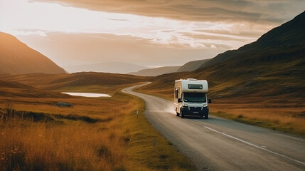 a camper van drives on a dirt road with a sunset in the background. Generative AI