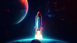 Fototapeta  - creative illustration of a rocket flying from earth into space. exploration and travel into space. Generative AI