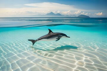 Dolphin swimming in crystal clear water. Created with generative Ai technology.