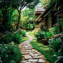 Sunny Natural Simple Curving Landscaped Home Garden Walkway Foot Path Leading To Private House Outdoor Exterior Entry Entrance Front Door Flower Bush Plant Green Grass Lawn Summer Garden Generative AI