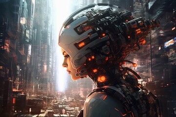 A beautiful female cyborg in front of a futuristic city created with generative AI technology.