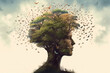 © TRINETTE + CHRIS - Conceptual image of a person's head made out of nature tree and butterflies. Generative AI.