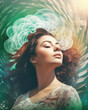 © Trinette Reed - Conceptual image of woman with graphic swirling energy around her. Generative AI.