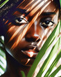 © TRINETTE + CHRIS - Beauty portrait of Black woman with palm leaves. Generative AI.