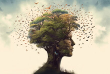 Conceptual Image Of A Person's Head Made Out Of Nature Tree And Butterflies. Generative AI.
