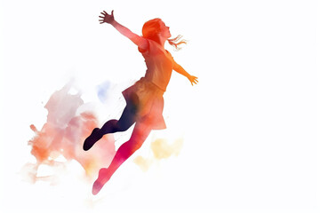 Watercolor style illustration of woman jumping with open arms on white background. Created with Generative AI technology