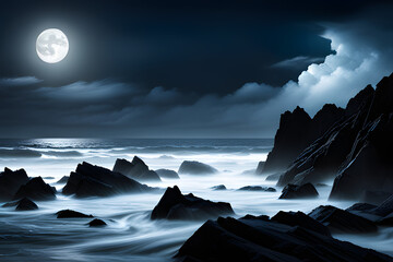 Poster - oceanic landscape with beautiful moon at night  created using AI Generative Technology