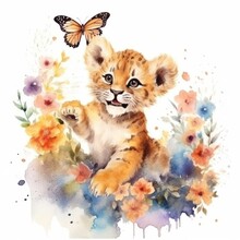Charming Baby Lion Cub Surrounded By Vibrant Flowers And Butterflies. Watercolor Style, White Background. Generative AI