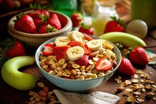Granola And Oat Cereal With Sliced Bananas, Sliced Strawberry