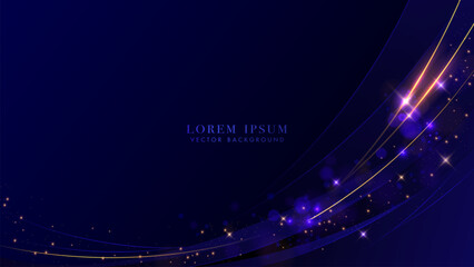 Wall Mural - golden curve lines with sparkle glowing dots effect and bokeh decoration on dark blue background. lu