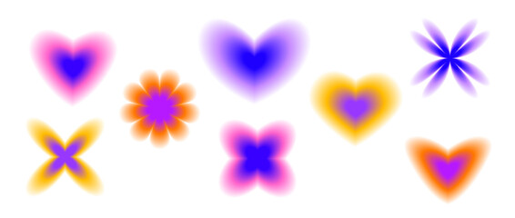 Poster - Smooth blurred gradient flowers and hearts set. Y2K blurry aura shape collection. Colorful abstract trendy elements for logo, templates, badges, stickers, collages. Vector pack 