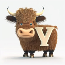 Kids Alphabet. Cute Cartoon Yak Animal With Letter Y On White Background. Children Abc Letters. AI Generative