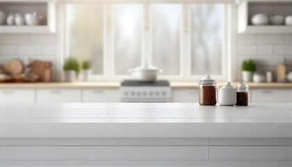 Empty wooden table with kitchen in background