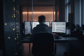 Programmer working is on computers with multiple monitors, back view. Generative AI