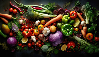 top view of various salad vegetables on the dark black background. fresh fruit and vegetable concept