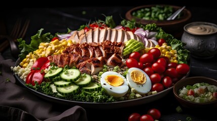 Wall Mural - Close up Cobb salad full of chunks of vegetables, boiled eggs and meat on blur background