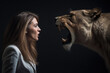© Ezio Gutzemberg - Generative AI - Resilient Business Woman Facing an Old Lion