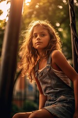 Wall Mural - Whimsical dreamy summer portrait of a little girl. Sunshine and spring flowers. Picnic and tire swing. Happy childhood fun.