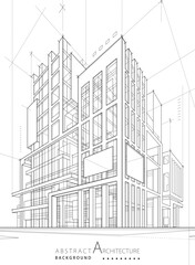 Wall Mural - 3D illustration, abstract modern urban line drawing, imaginative architecture, building construction, and perspective design