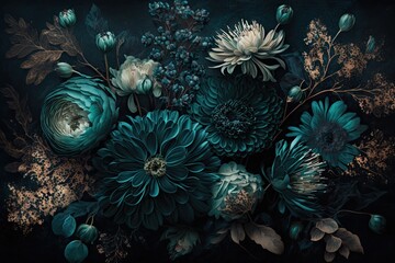 Wall Mural - Subtly textured teal painted flowers dark moody background. Generative AI AIG15.